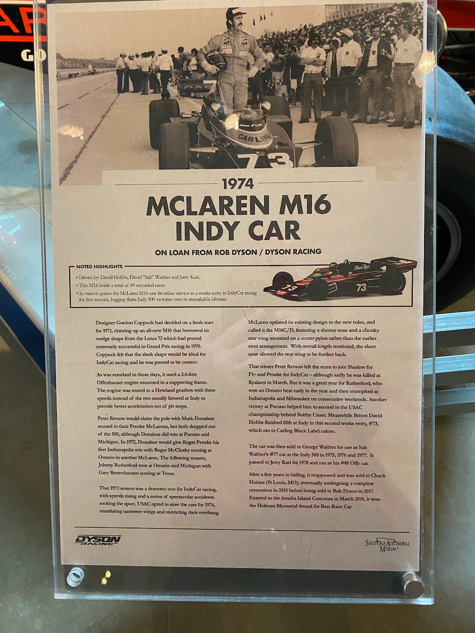 saratoga spa - mclaren m16 indy car sign